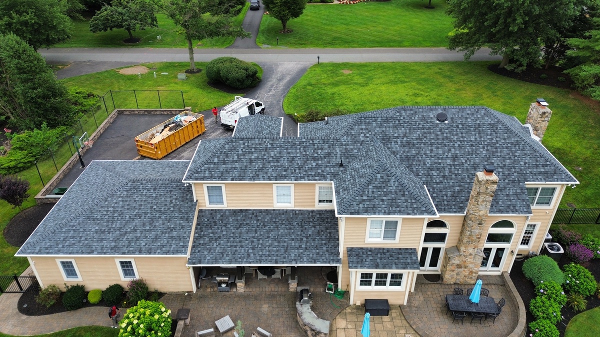aerial photo of a roof with slatestone grey shingles